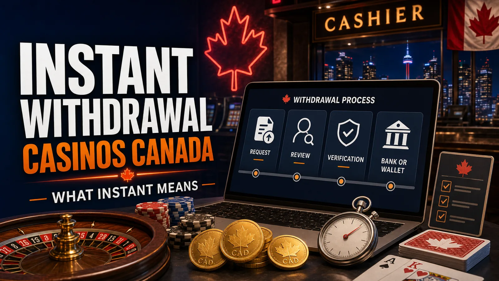 Canada cashier comparison table with stopwatch, CAD and verification warning
