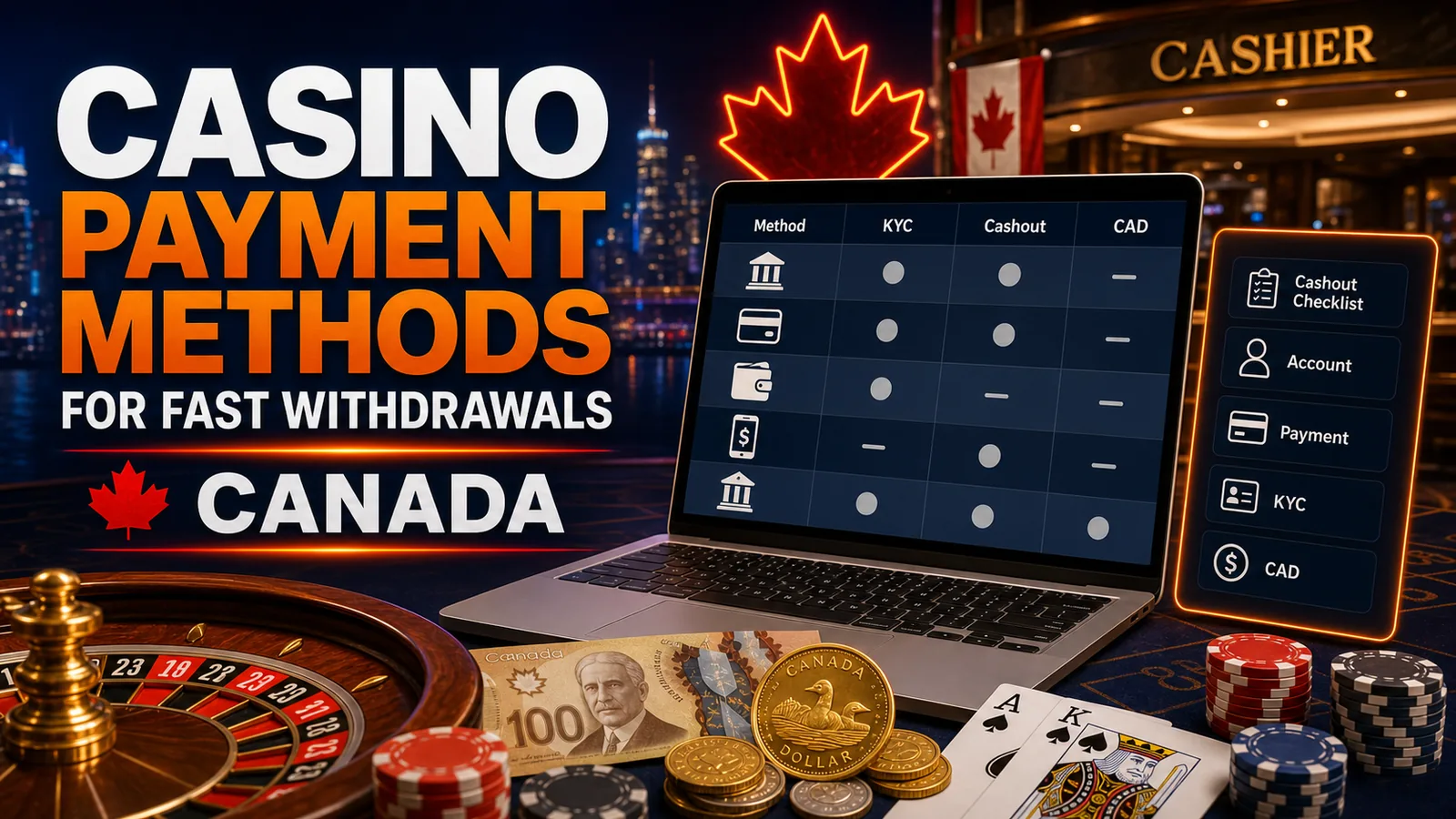 Cashier screen with Interac/CAD/e-wallet/card icons and comparison columns