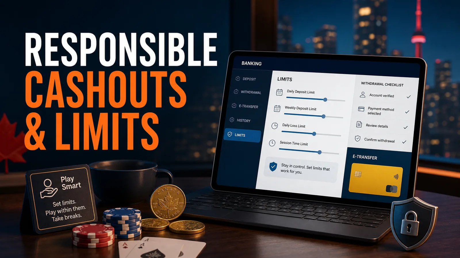 Calm banking dashboard with limit sliders, Canada help signpost and no hype