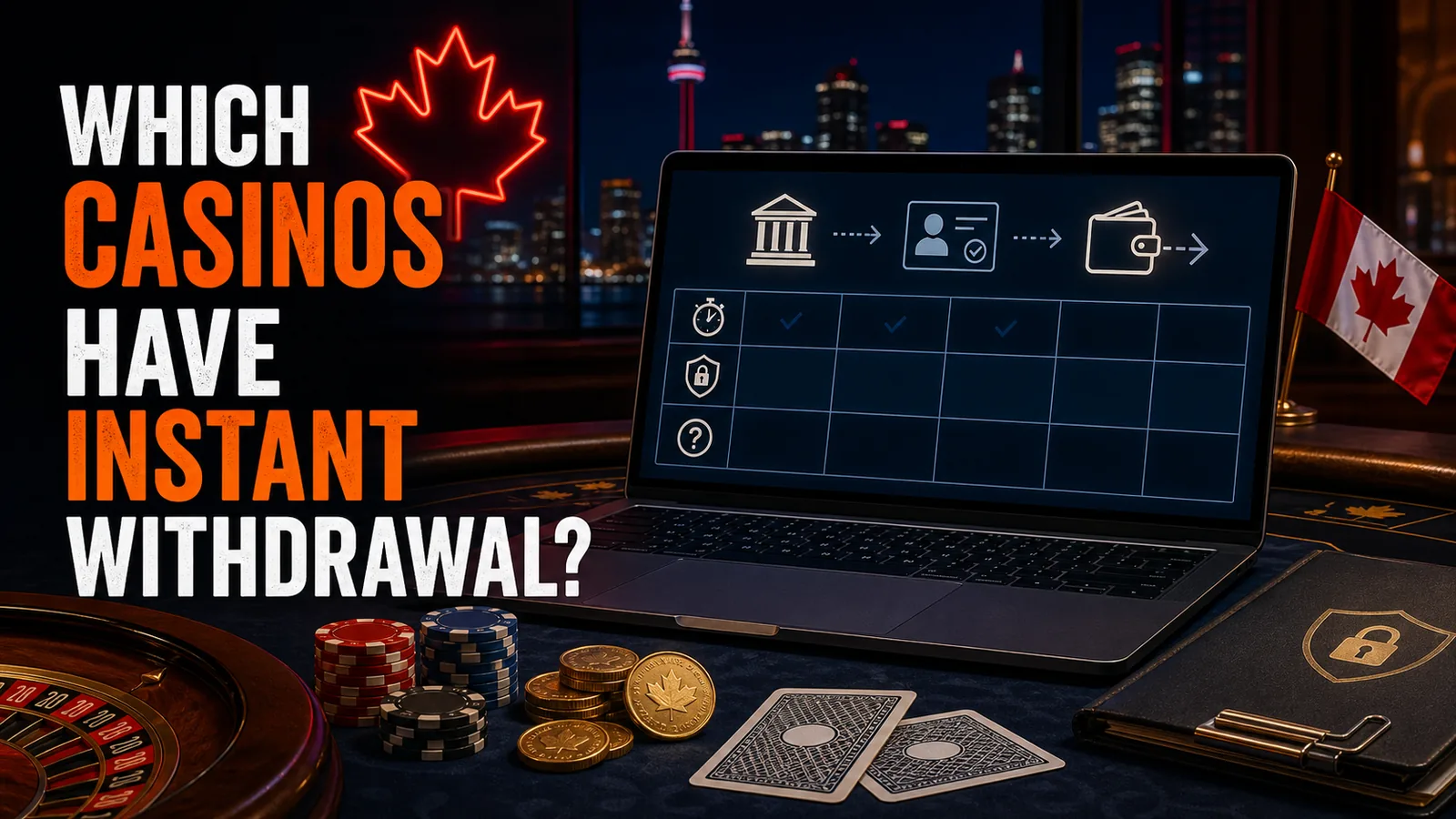Question-answer board with checked casino cards and CAD transfer icons